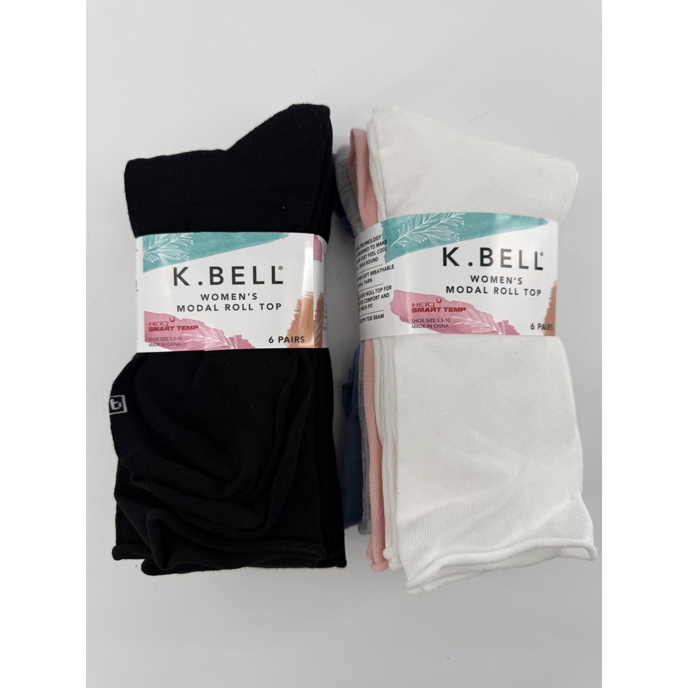 K. Bell Womens 5.5-10 Socks Black Multi Modal Roll‎ Top HeiQ Smart Temp 12 Pairs